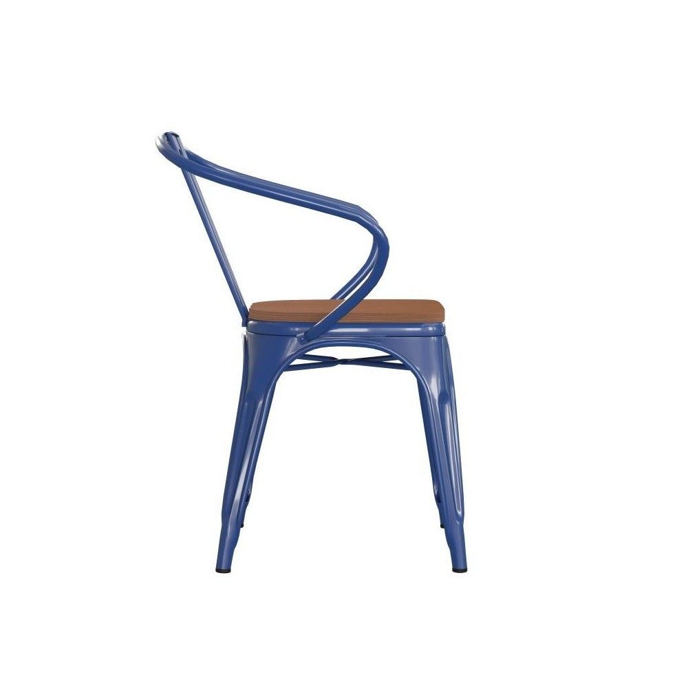 Luna Commercial Grade Blue Metal Chair-Teak Seat