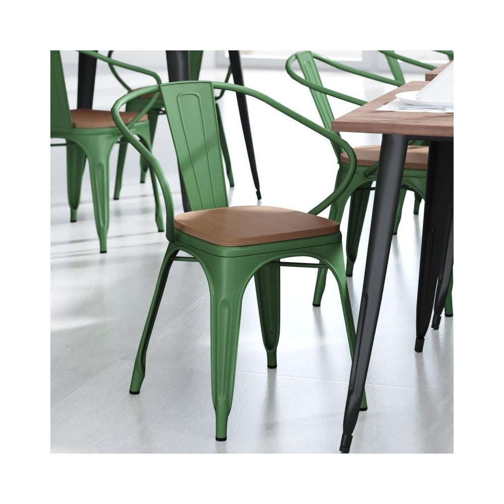 Luna Commercial Grade Green Metal Chair-Teak Seat