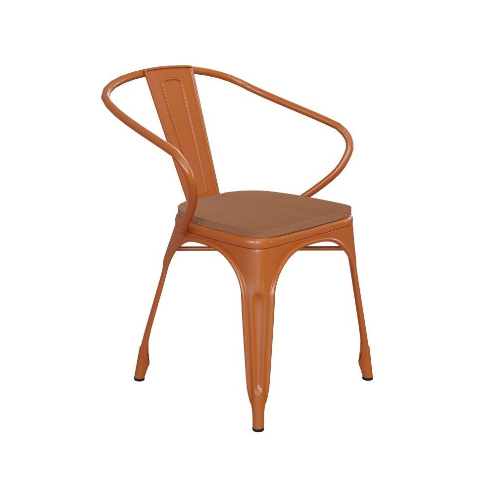 Luna Commercial Grade Orange Metal Chair-Teak Seat