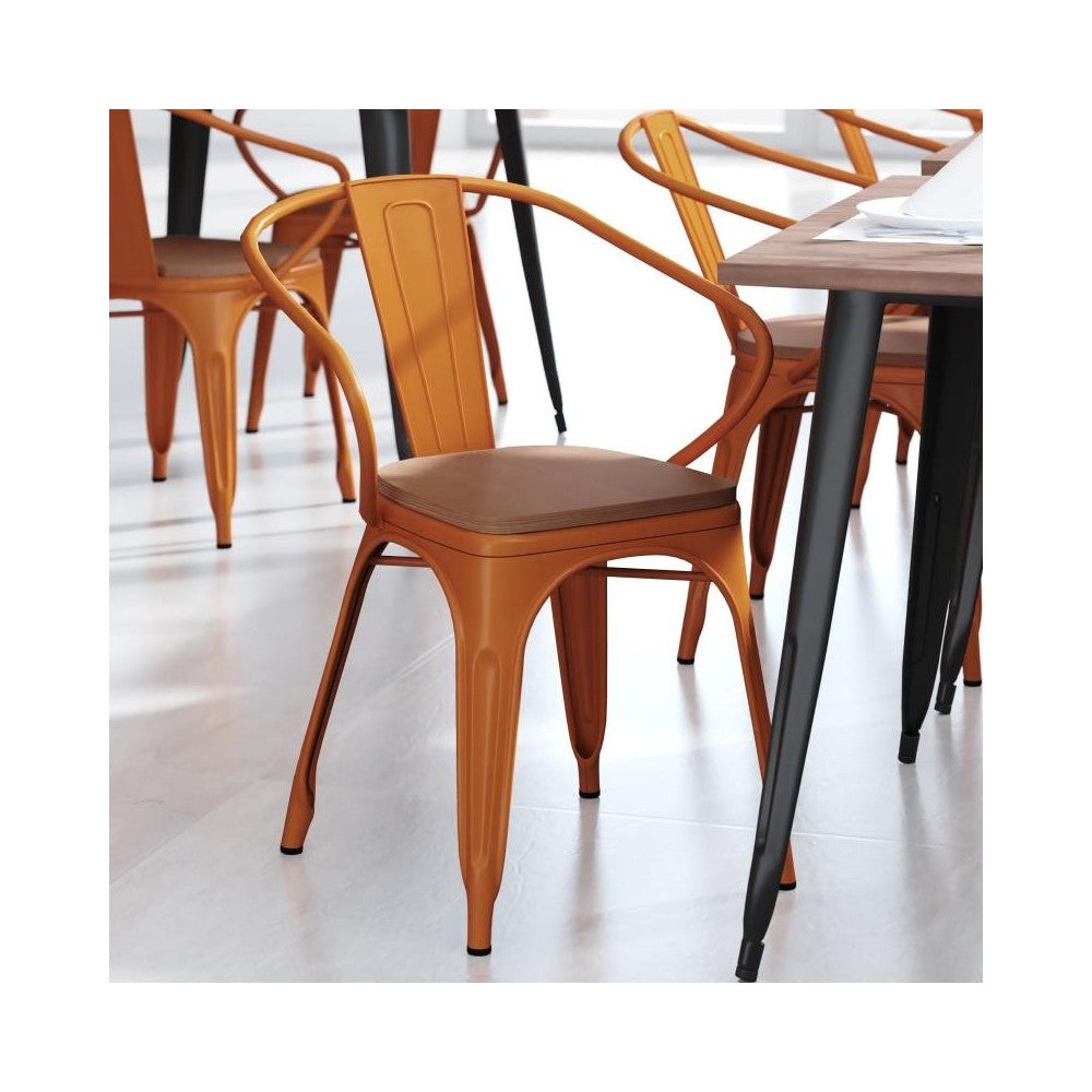 Luna Commercial Grade Orange Metal Chair-Teak Seat