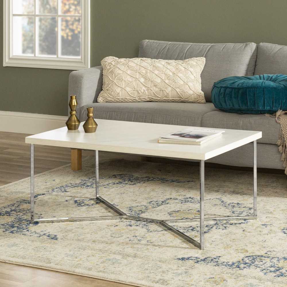 Luxe 42" Y Leg Modern Glam Coffee Table - Faux White Marble/Chrome