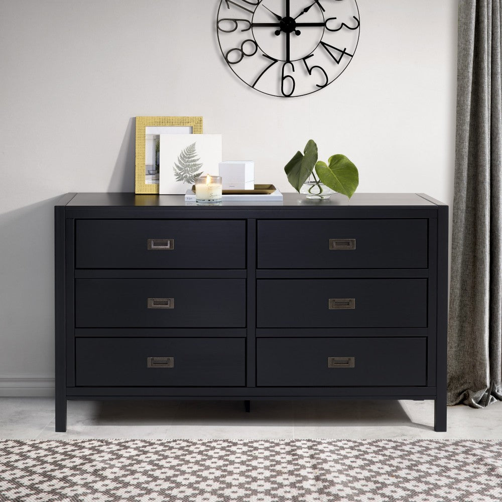Lydia 57" Classic Solid Wood 6 Drawer Dresser - Black