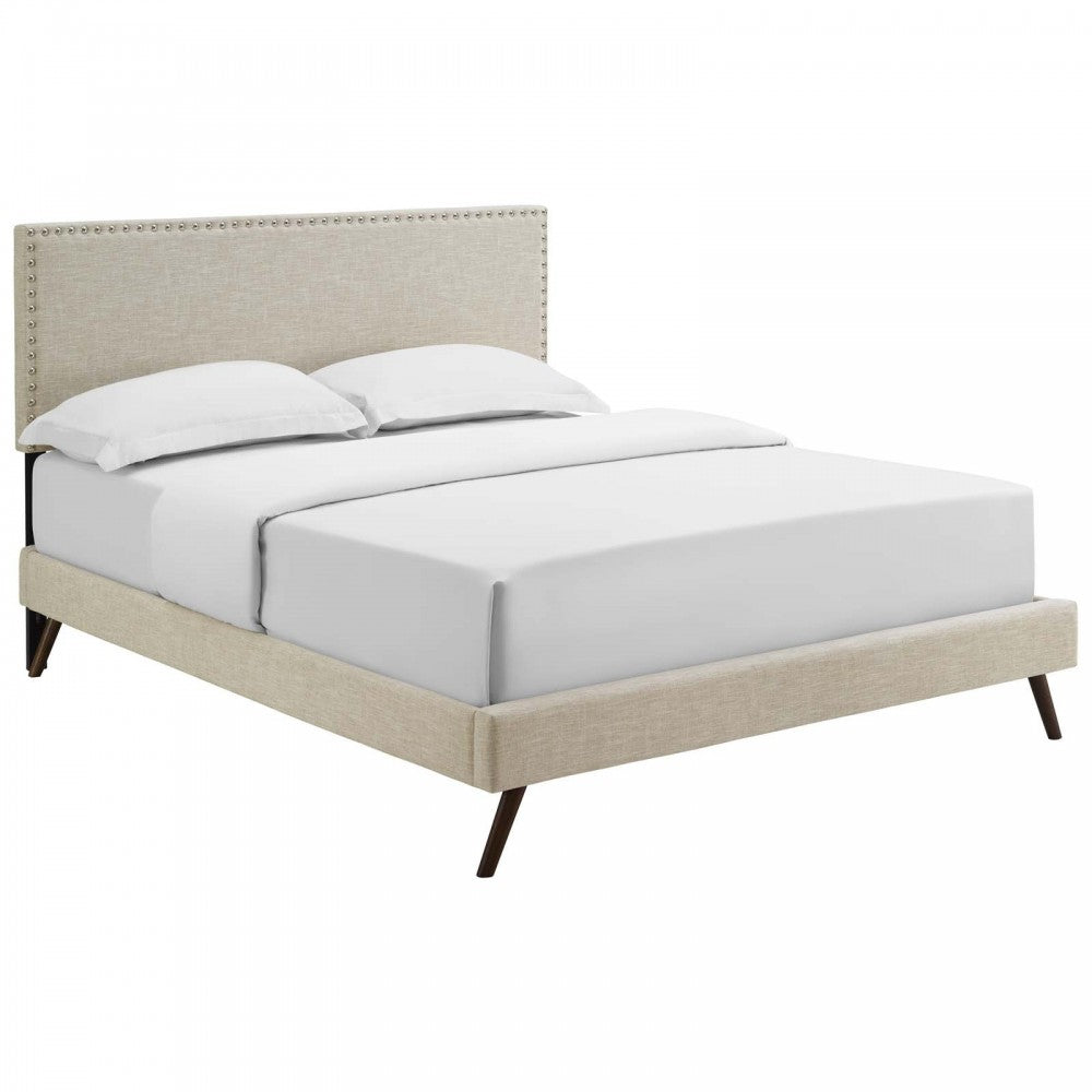 Macie Full Fabric Platform Bed with Round Splayed Legs, Beige