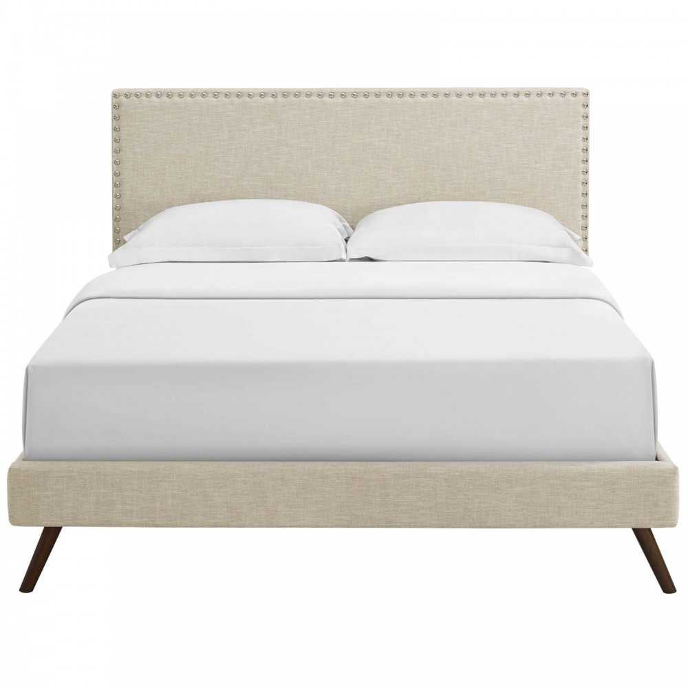 Macie Full Fabric Platform Bed with Round Splayed Legs, Beige