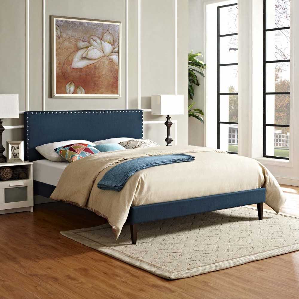 Macie Full Fabric Platform Bed with Squared Tapered Legs, Azure