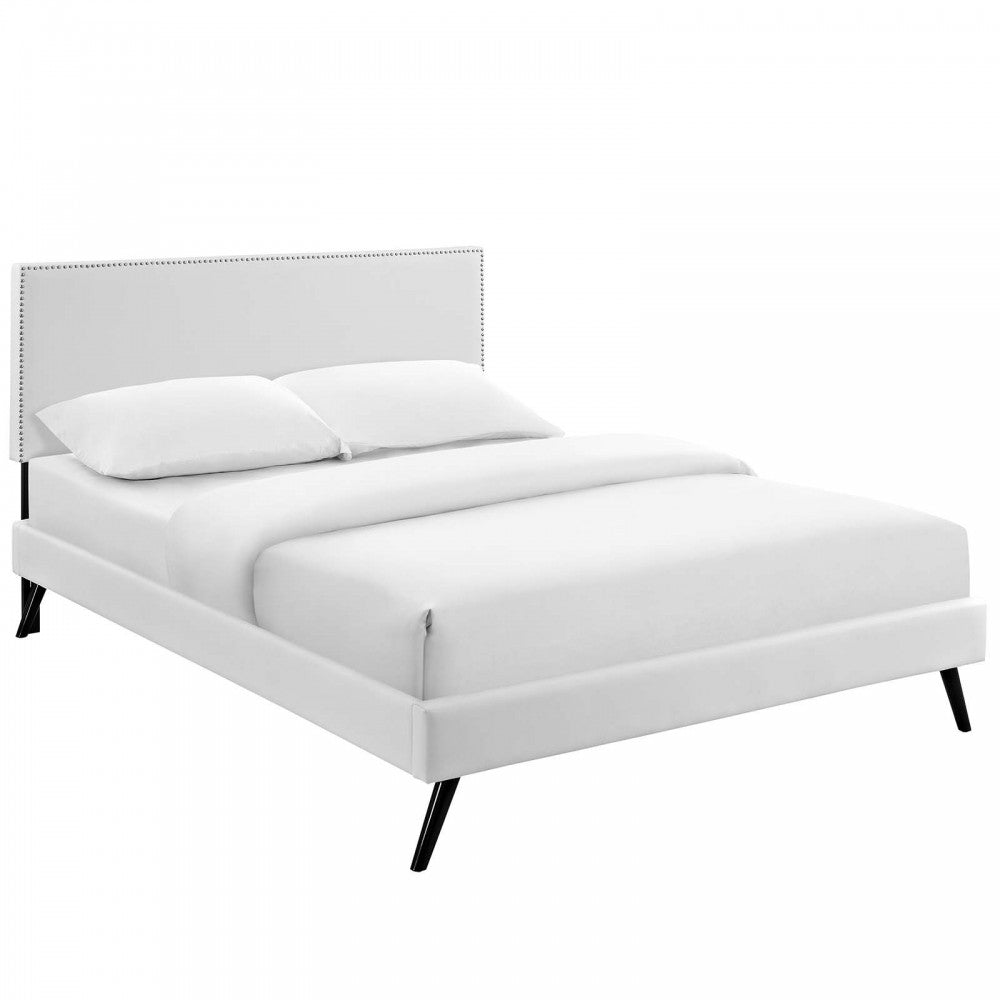 Macie Full Vinyl Platform Bed with Round Splayed Legs, White