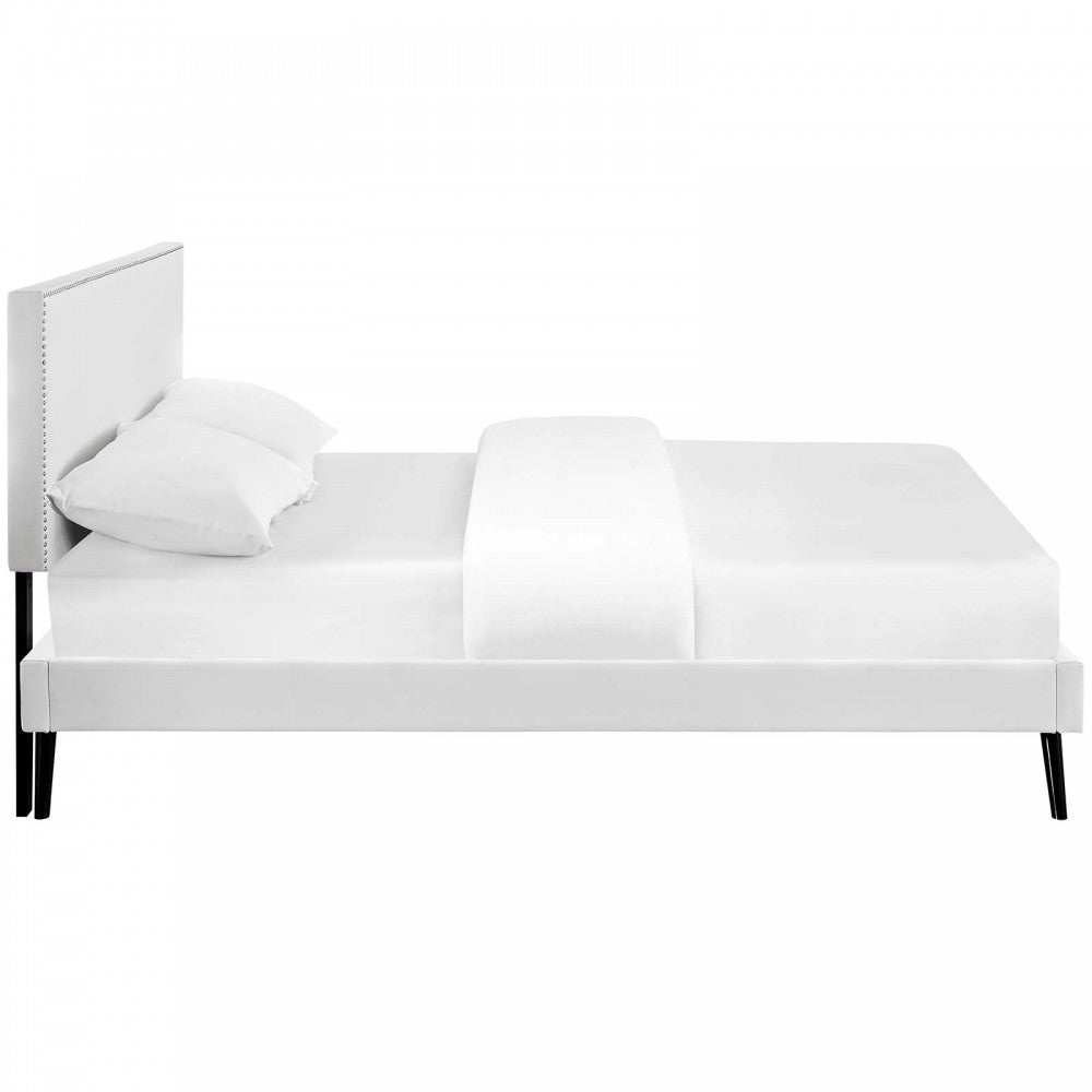 Macie Full Vinyl Platform Bed with Round Splayed Legs, White