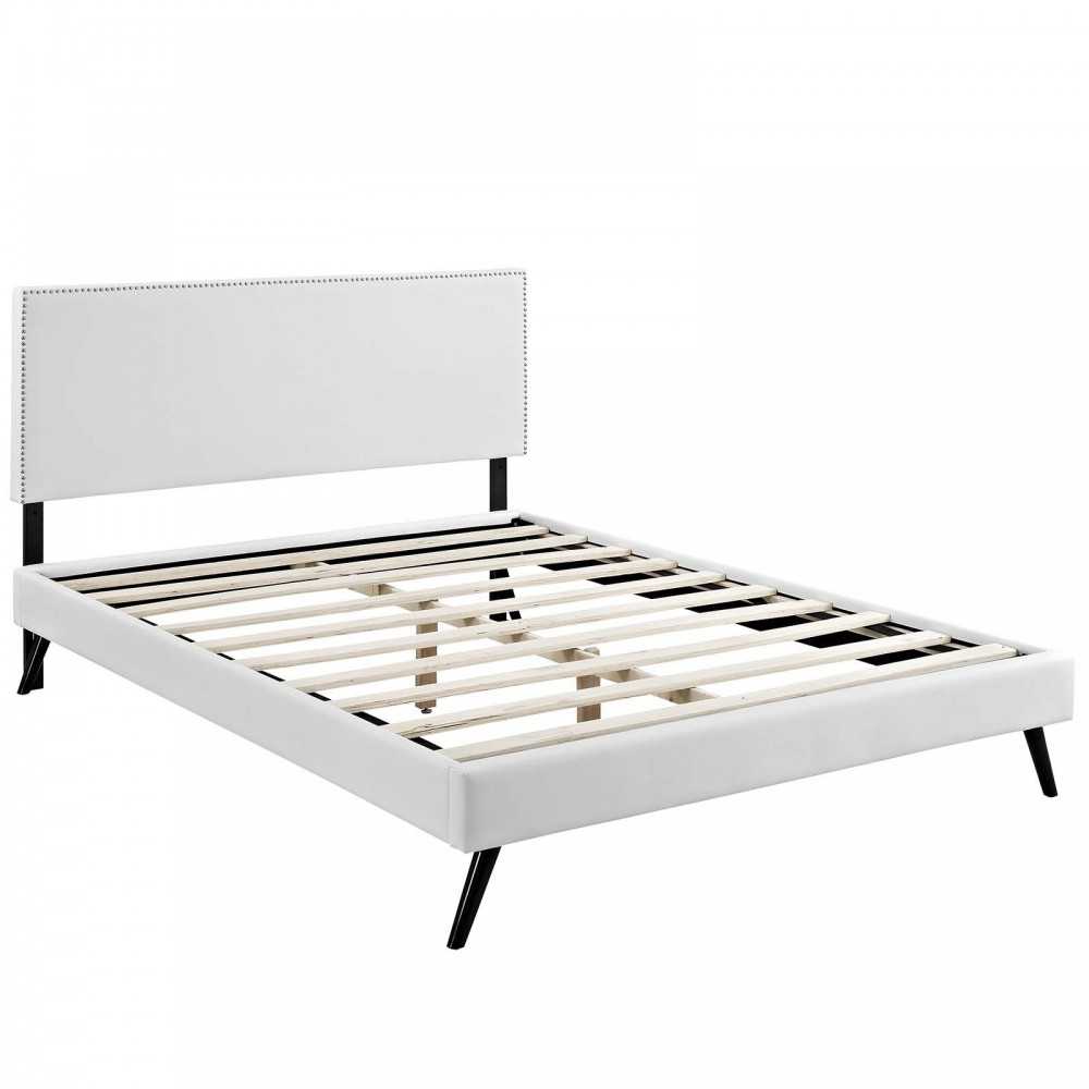 Macie Full Vinyl Platform Bed with Round Splayed Legs, White