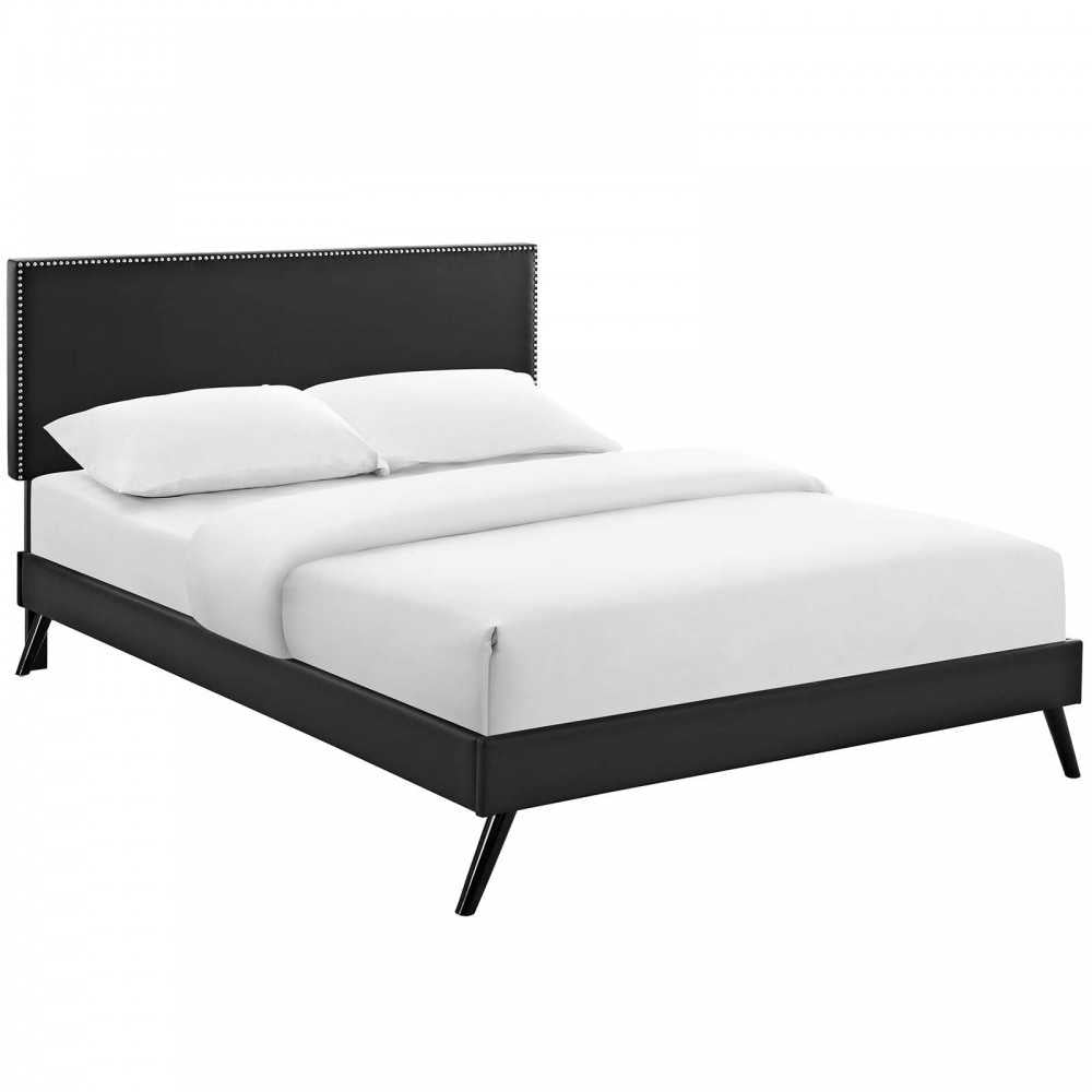 Macie Full Vinyl Platform Bed with Round Splayed Legs, Black