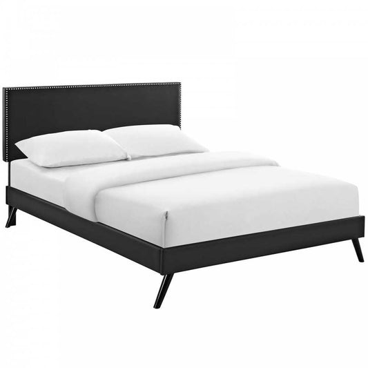 Macie Full Vinyl Platform Bed with Round Splayed Legs, Black