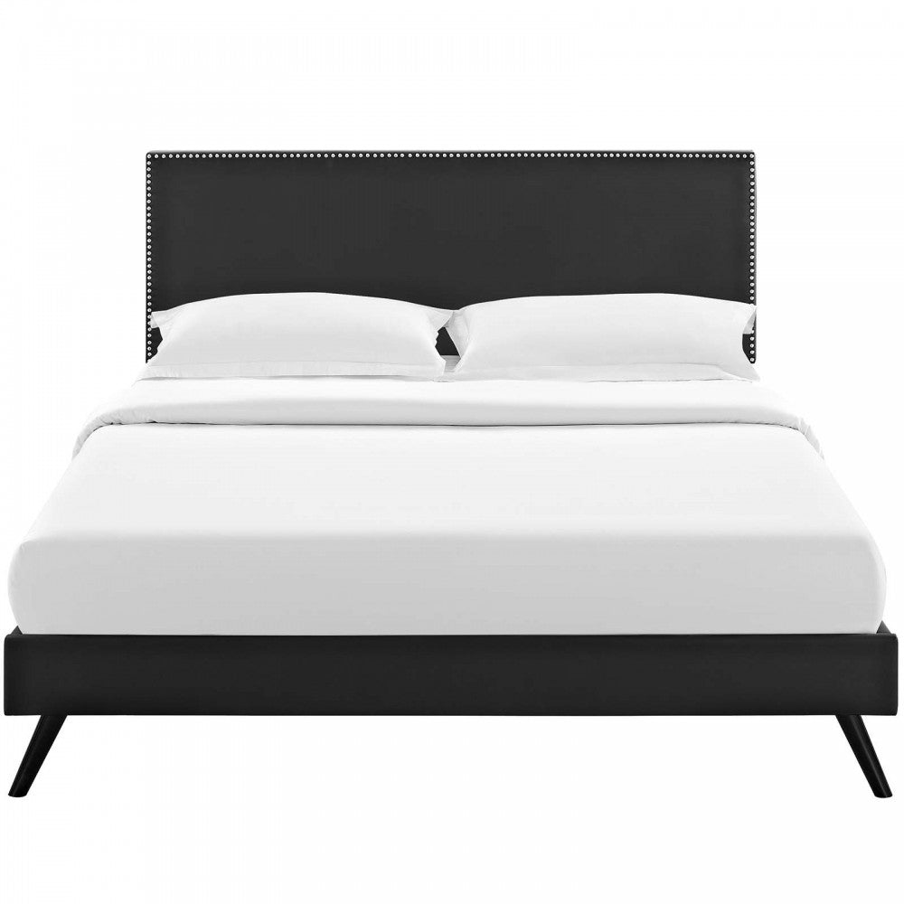 Macie Full Vinyl Platform Bed with Round Splayed Legs, Black