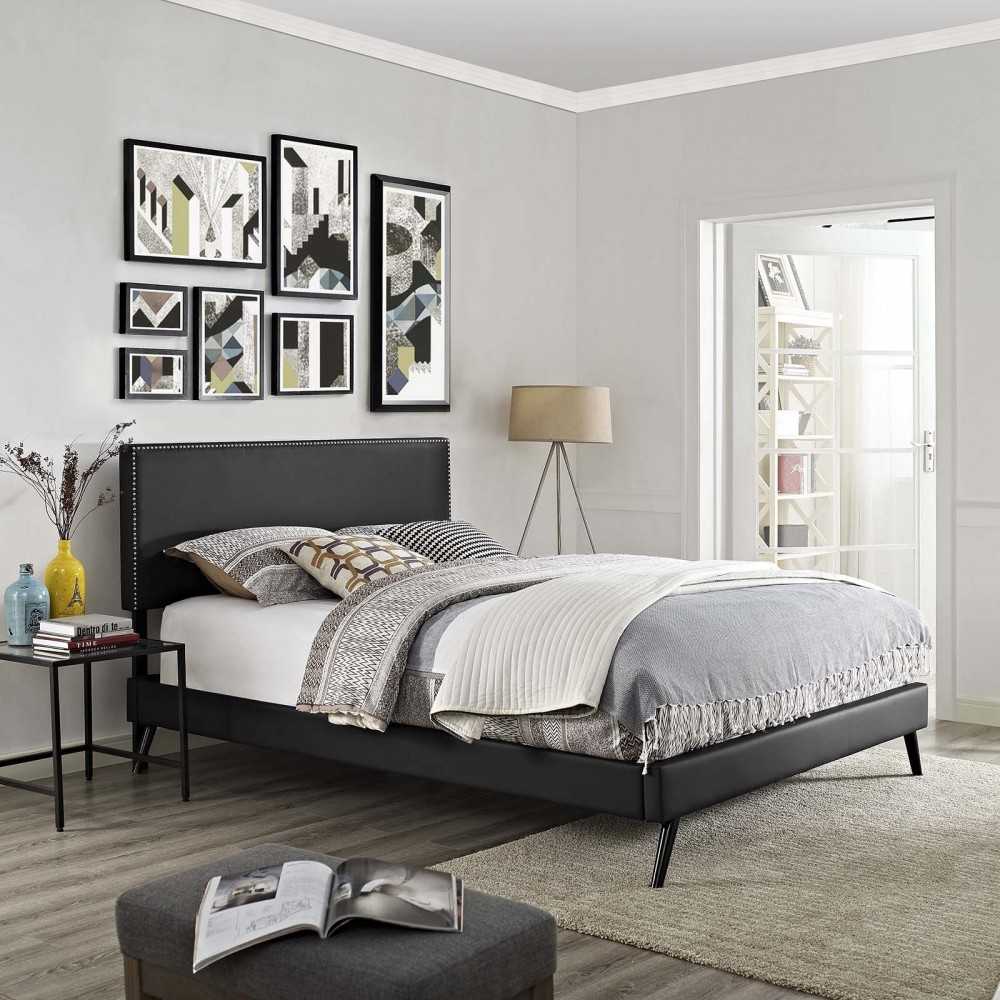 Macie Full Vinyl Platform Bed with Round Splayed Legs, Black