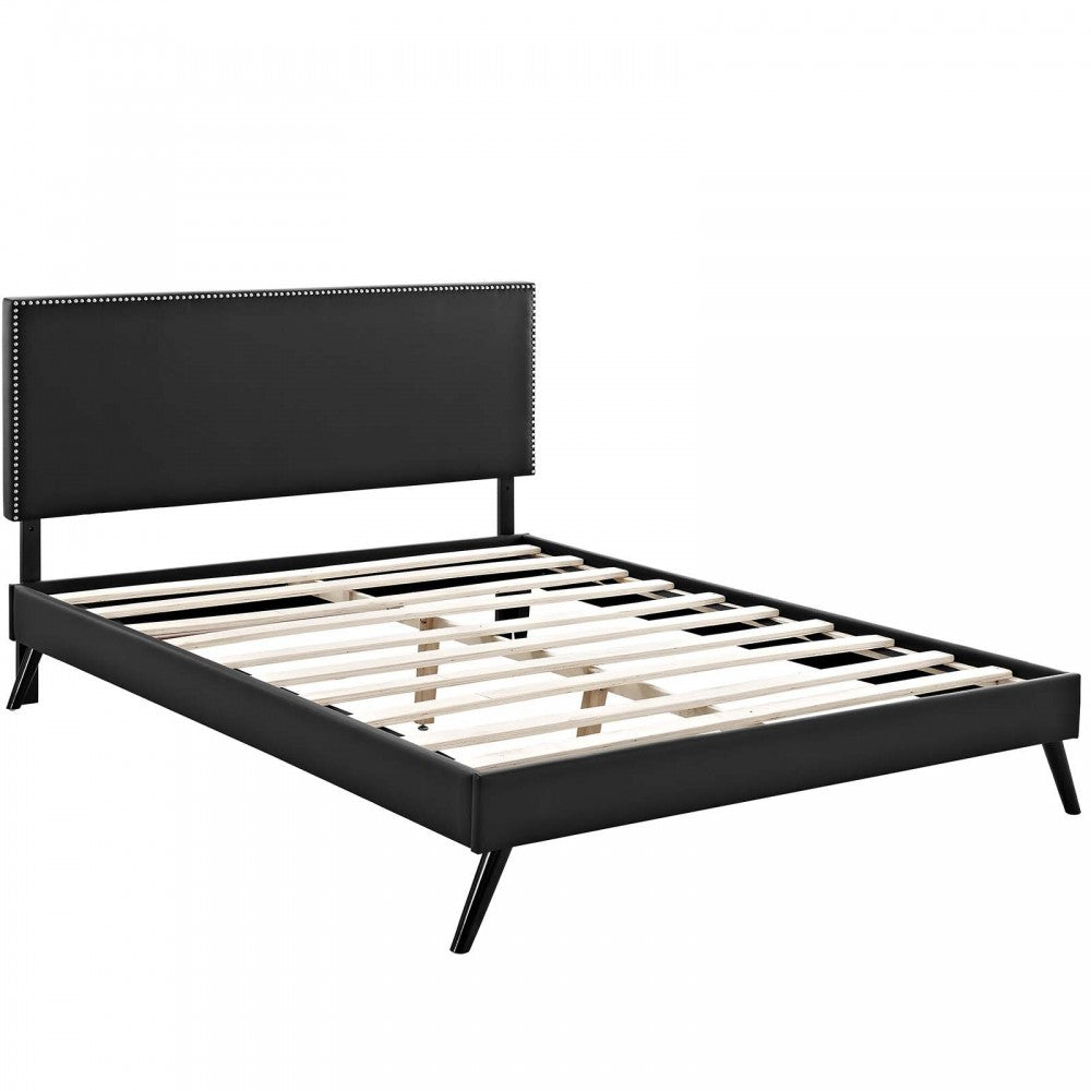 Macie Full Vinyl Platform Bed with Round Splayed Legs, Black