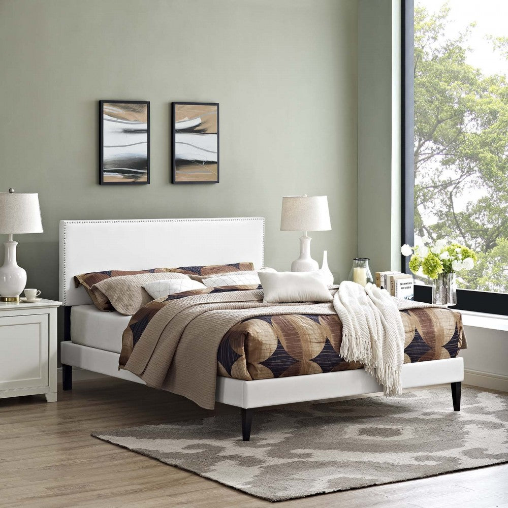 Macie Full Vinyl Platform Bed with Squared Tapered Legs, White