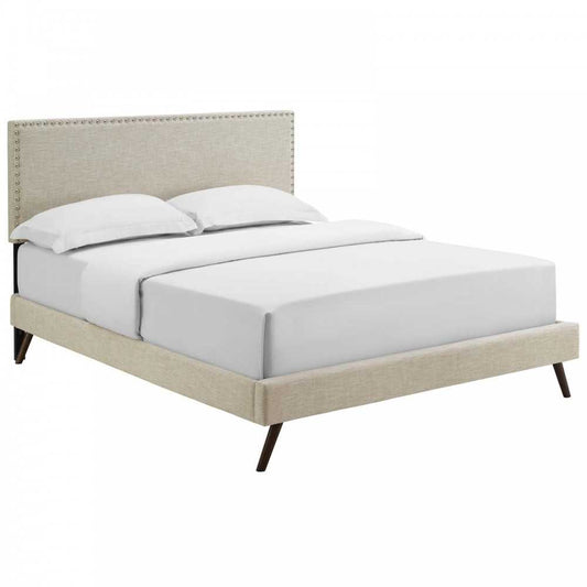 Macie Queen Fabric Platform Bed with Round Splayed Legs, Beige