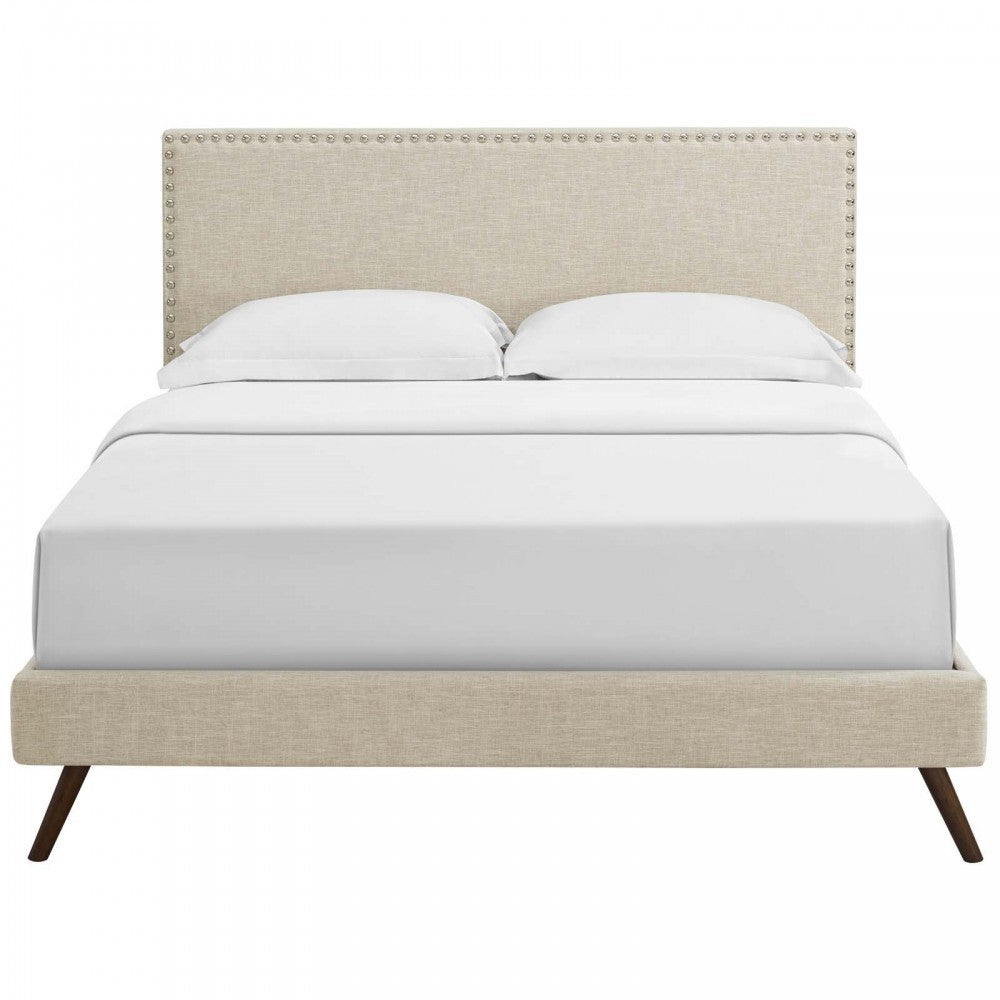 Macie Queen Fabric Platform Bed with Round Splayed Legs, Beige