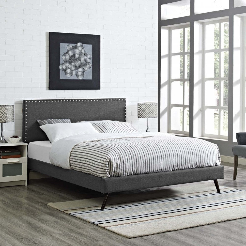 Macie Queen Fabric Platform Bed with Round Splayed Legs, Gray