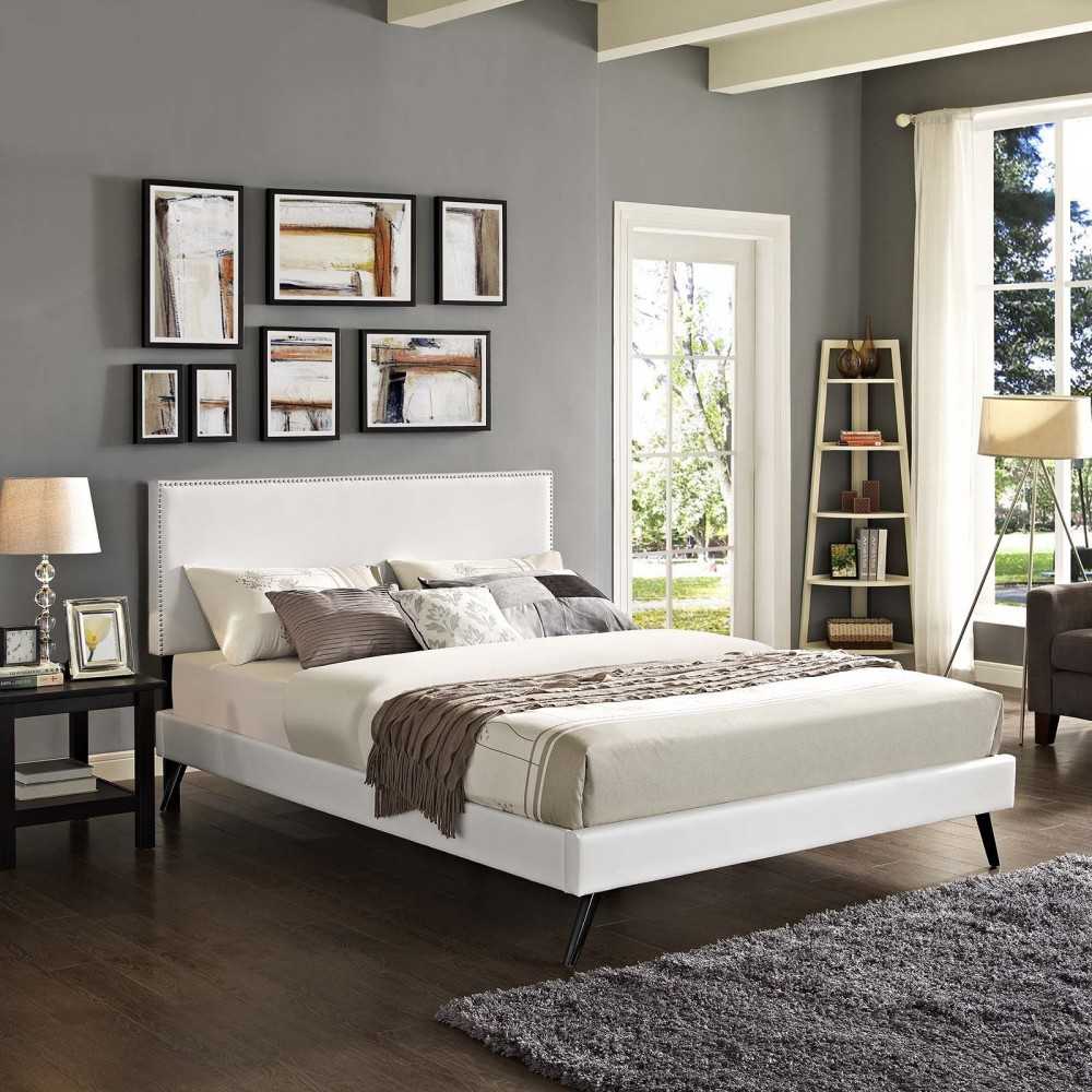 Macie Queen Vinyl Platform Bed with Round Splayed Legs, White