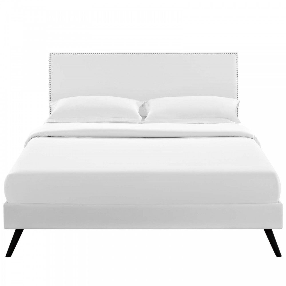 Macie Queen Vinyl Platform Bed with Round Splayed Legs, White