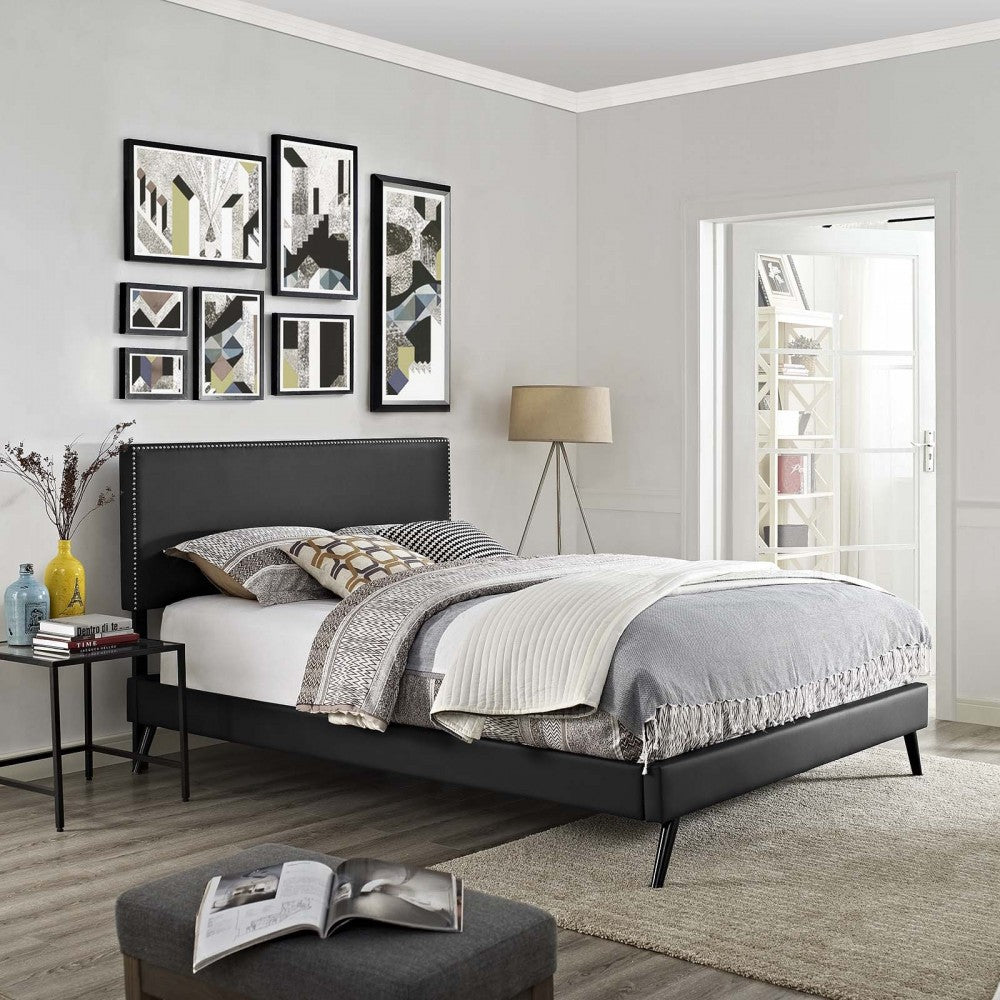 Macie Queen Vinyl Platform Bed with Round Splayed Legs, Black