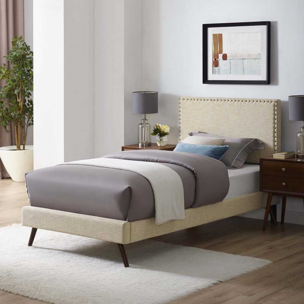 Macie Twin Fabric Platform Bed with Round Splayed Legs, Beige