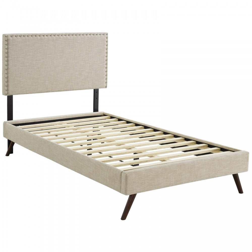 Macie Twin Fabric Platform Bed with Round Splayed Legs, Beige