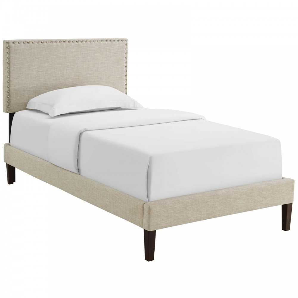 Macie Twin Fabric Platform Bed with Squared Tapered Legs, Beige