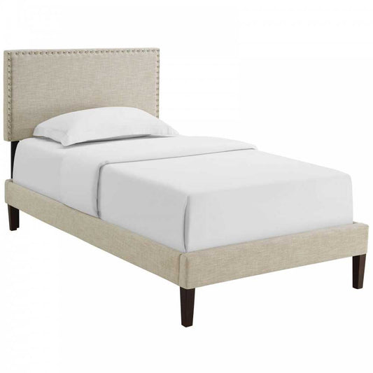 Macie Twin Fabric Platform Bed with Squared Tapered Legs, Beige