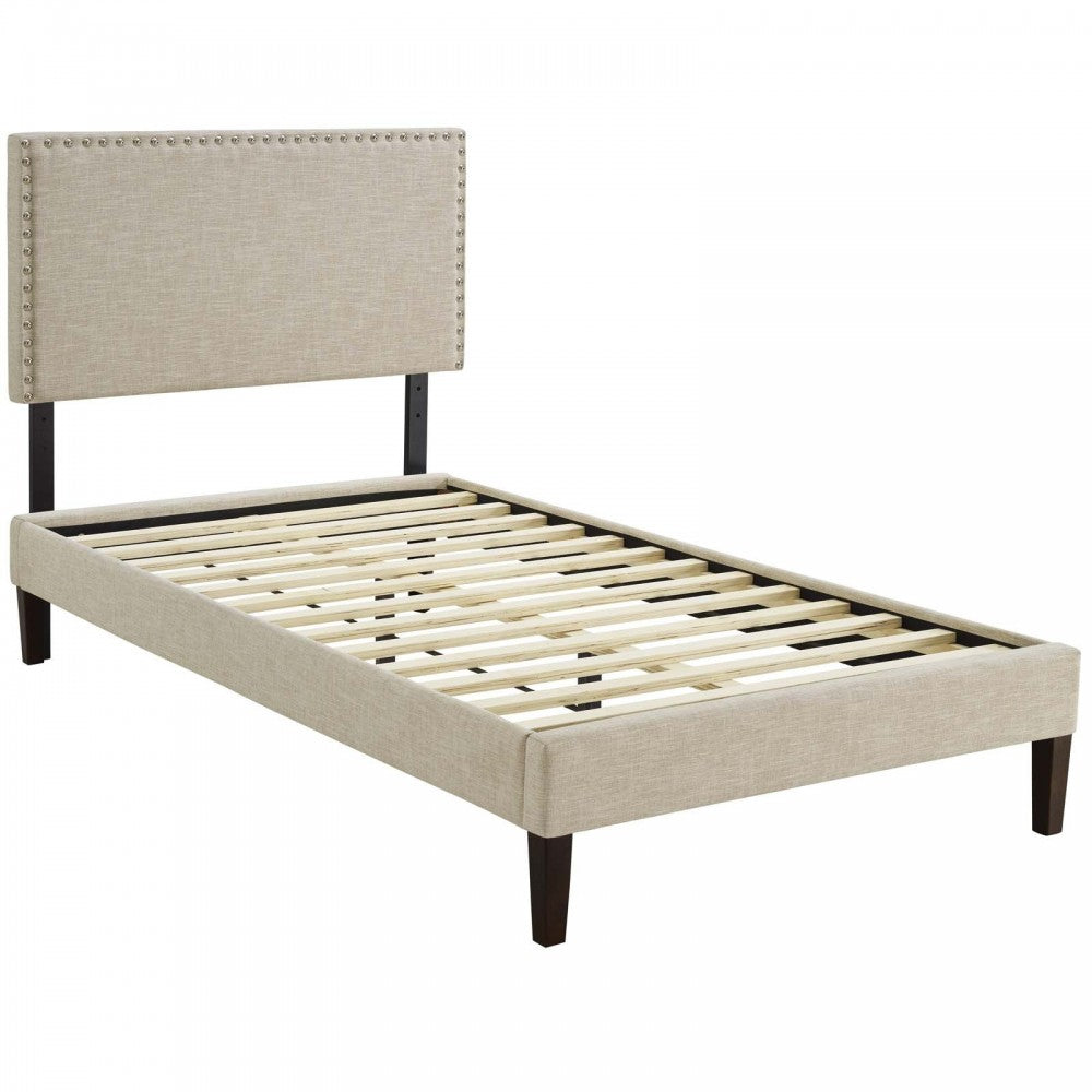 Macie Twin Fabric Platform Bed with Squared Tapered Legs, Beige