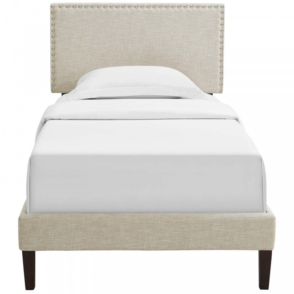 Macie Twin Fabric Platform Bed with Squared Tapered Legs, Beige