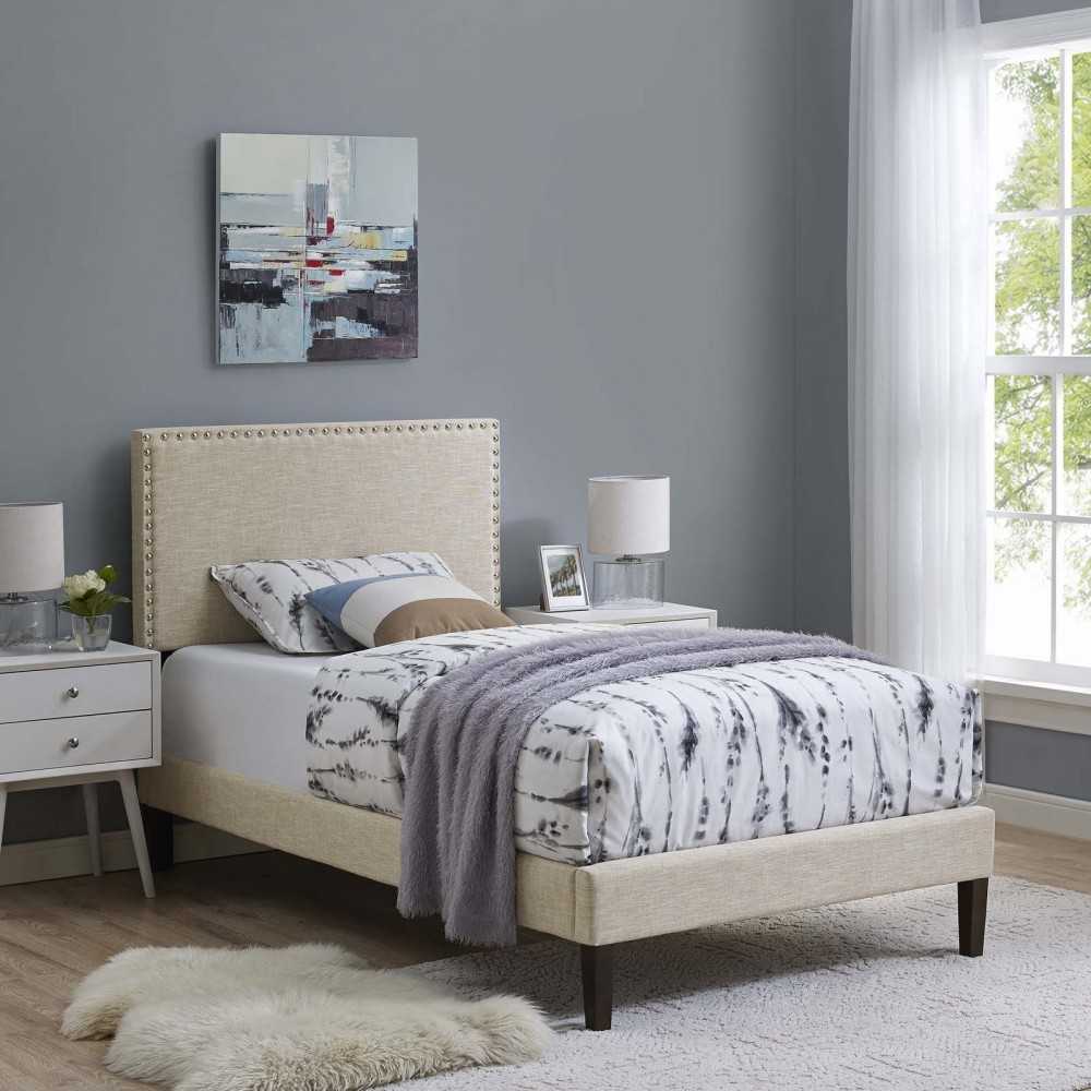 Macie Twin Fabric Platform Bed with Squared Tapered Legs, Beige