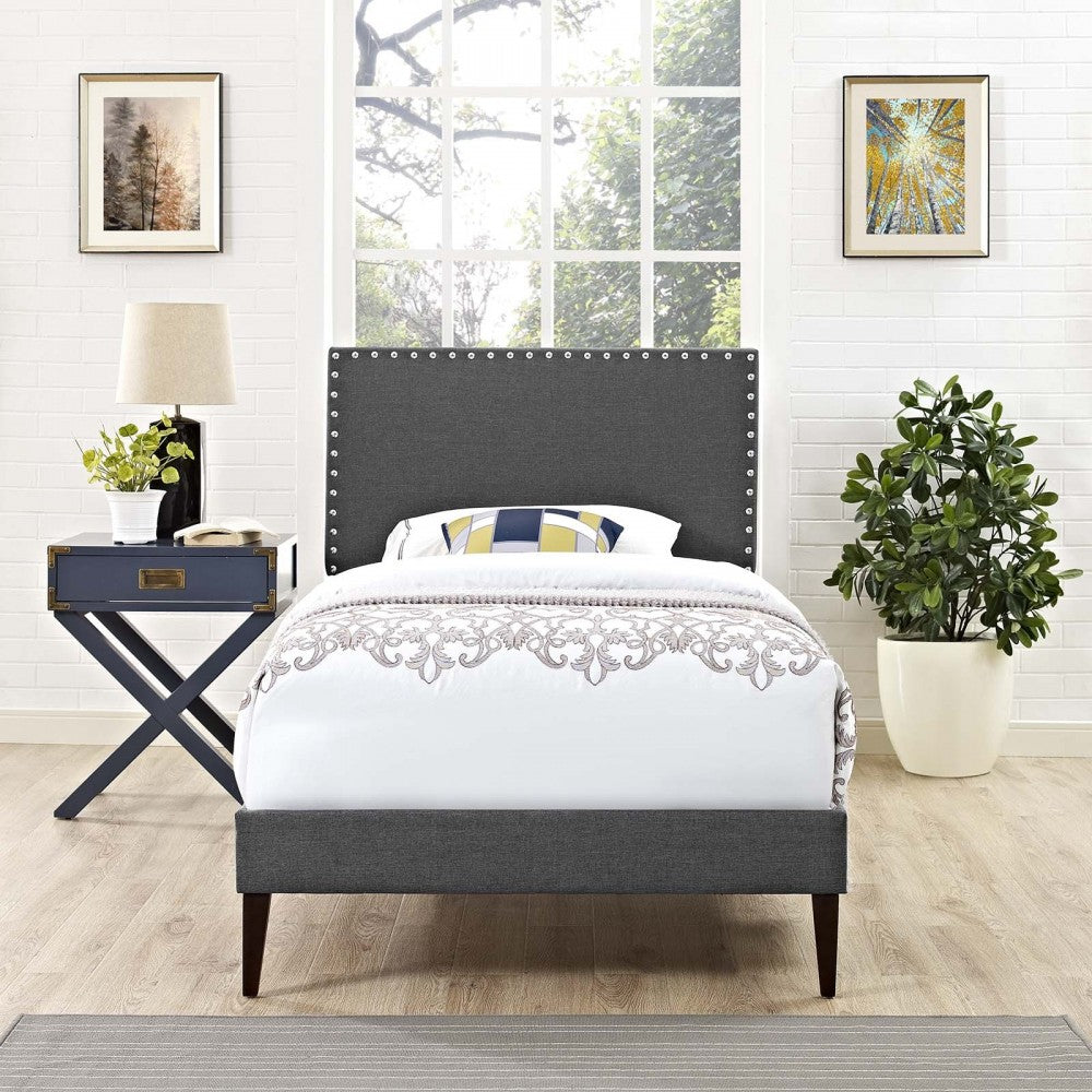 Macie Twin Fabric Platform Bed with Squared Tapered Legs, Gray