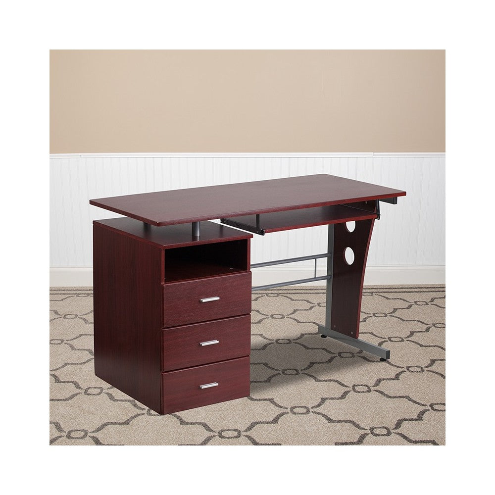 Mahogany Desk with Three Drawer Pedestal and Pull-Out Keyboard Tray