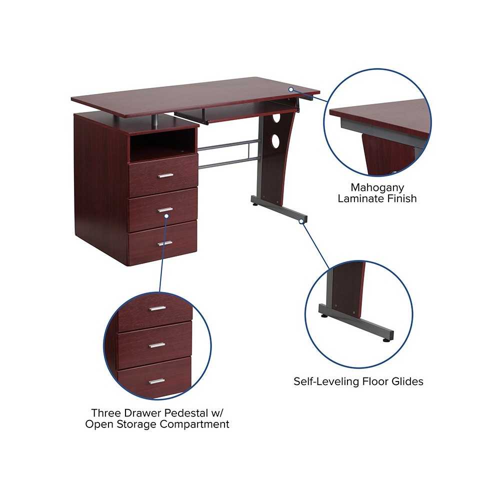 Mahogany Desk with Three Drawer Pedestal and Pull-Out Keyboard Tray