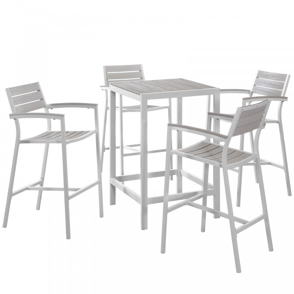 Maine 5 Piece Outdoor Patio Bar Set, White Light Gray