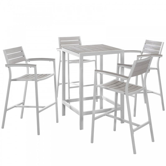 Maine 5 Piece Outdoor Patio Bar Set, White Light Gray