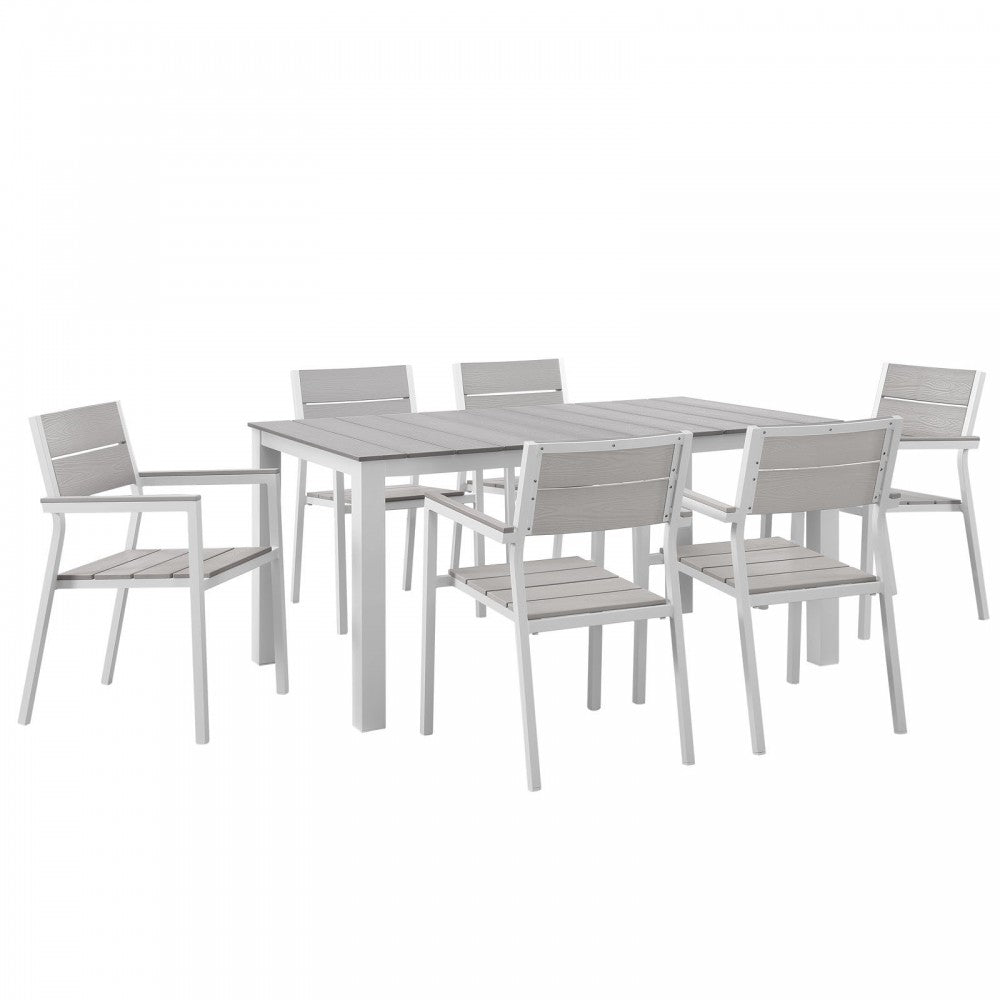 Maine 7 Piece Outdoor Patio Dining Set, White Light Gray, EEI-1749-WHI-LGR-SET