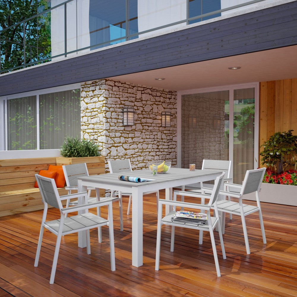 Maine 7 Piece Outdoor Patio Dining Set, White Light Gray, EEI-1749-WHI-LGR-SET