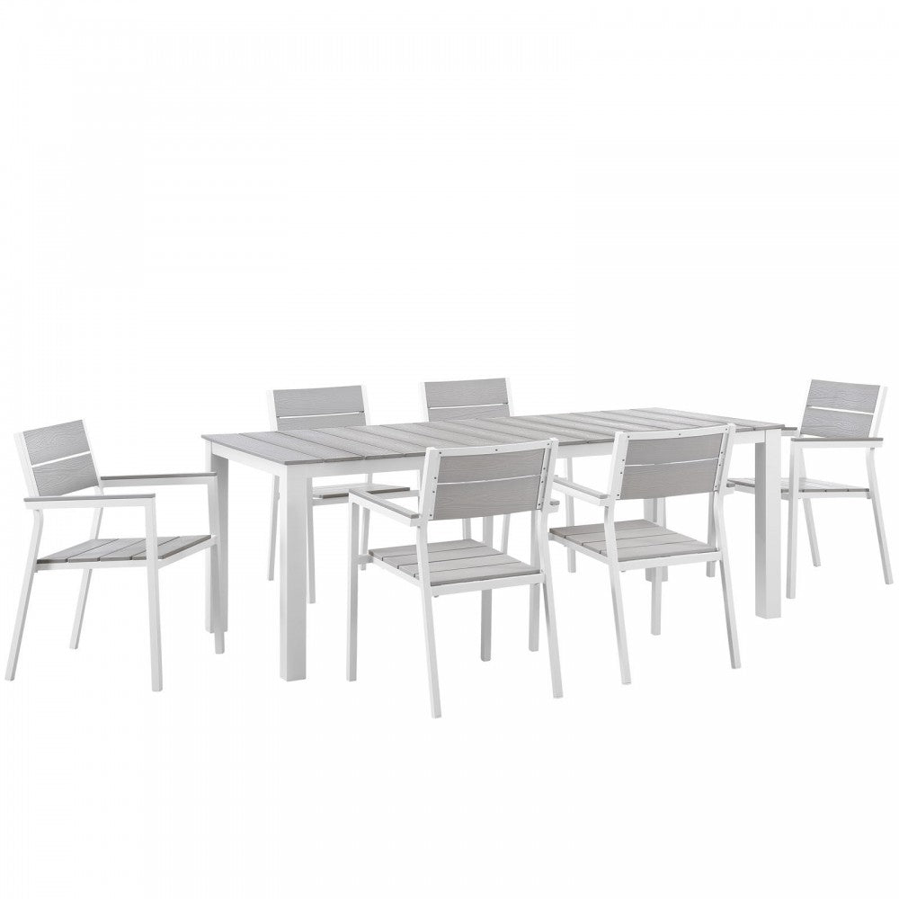 Maine 7 Piece Outdoor Patio Dining Set, White Light Gray, EEI-1751-WHI-LGR-SET