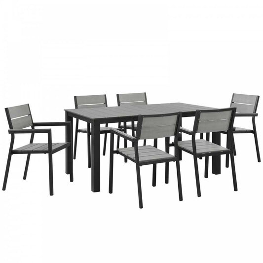 Maine 7 Piece Outdoor Patio Dining Set, Brown Gray, EEI-1749-BRN-GRY-SET