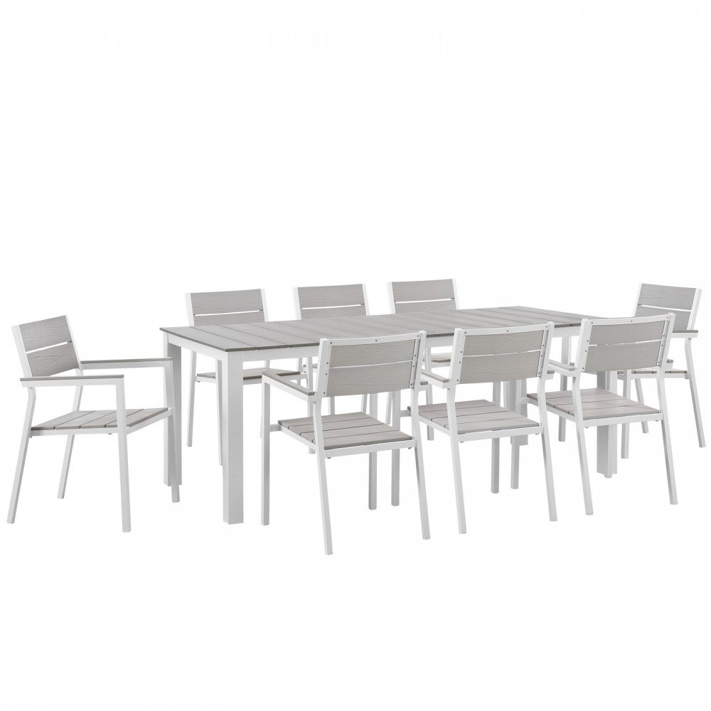 Maine 9 Piece Outdoor Patio Dining Set, White Light Gray