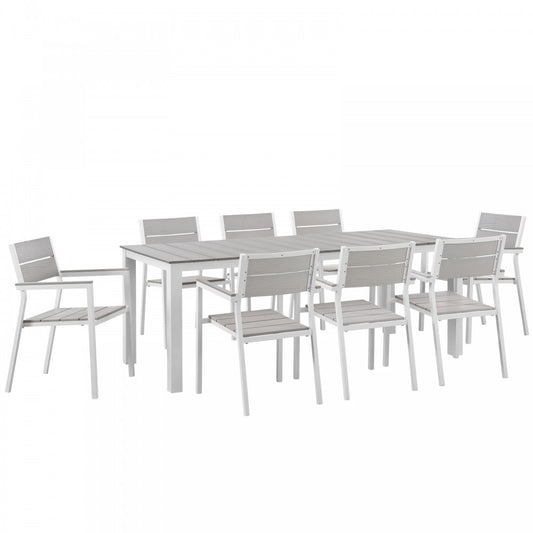 Maine 9 Piece Outdoor Patio Dining Set, White Light Gray