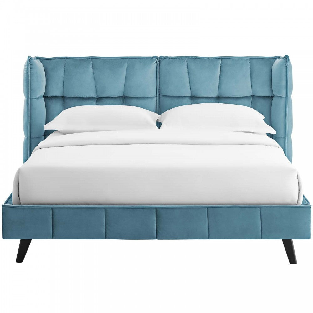 Makenna Queen Performance Velvet Platform Bed, Sea
