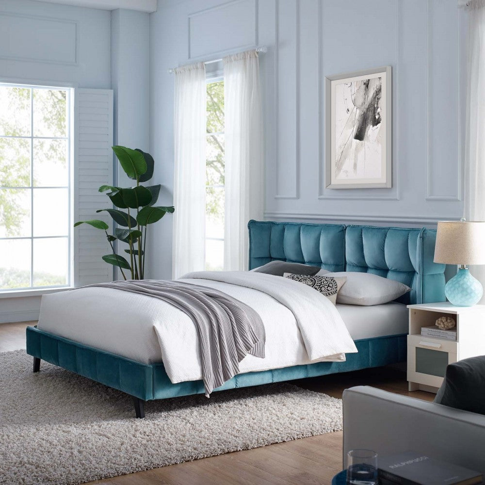 Makenna Queen Performance Velvet Platform Bed, Sea