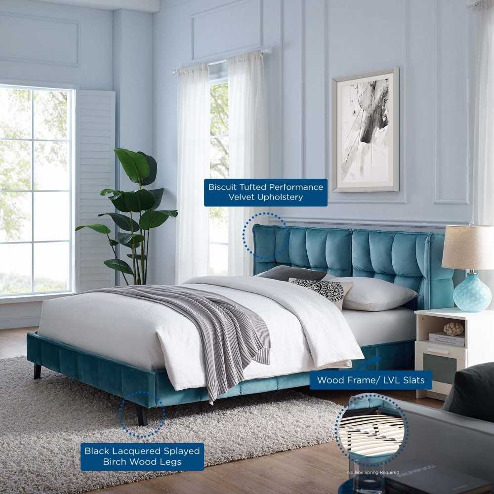 Makenna Queen Performance Velvet Platform Bed, Sea