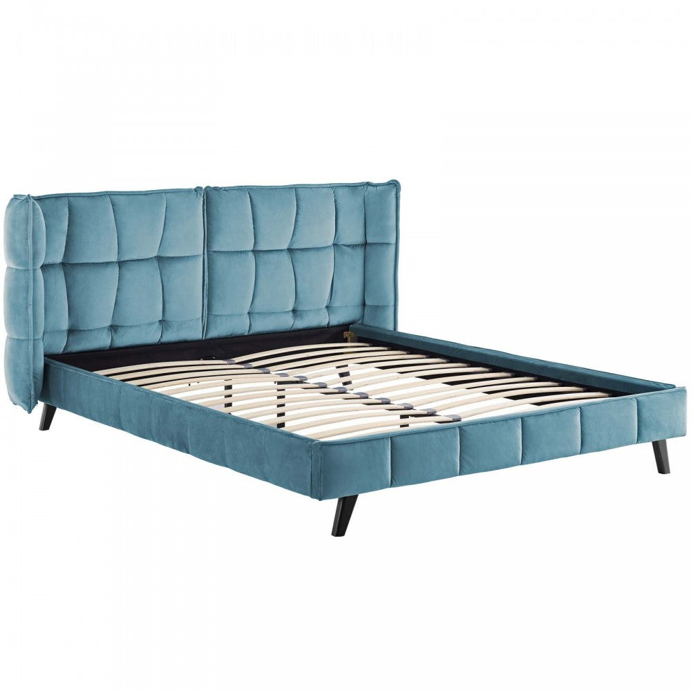 Makenna Queen Performance Velvet Platform Bed, Sea