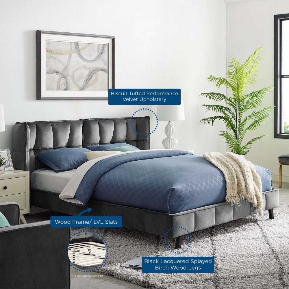 Makenna Queen Performance Velvet Platform Bed, Gray
