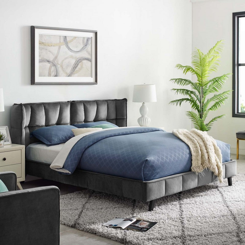 Makenna Queen Performance Velvet Platform Bed, Gray