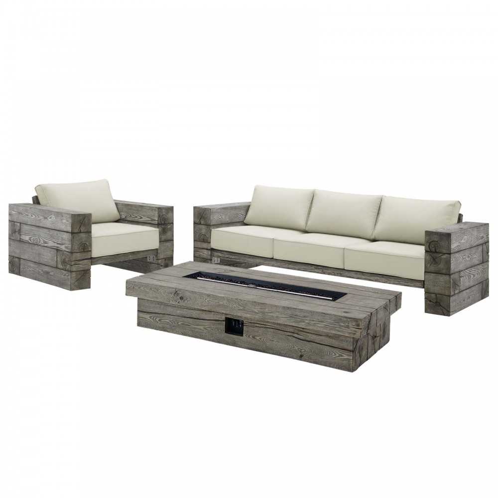 Manteo Rustic Coastal Outdoor Patio Sunbrella 3 Piece Set, Light Gray Beige, EEI-4035-LGR-BEI-SET