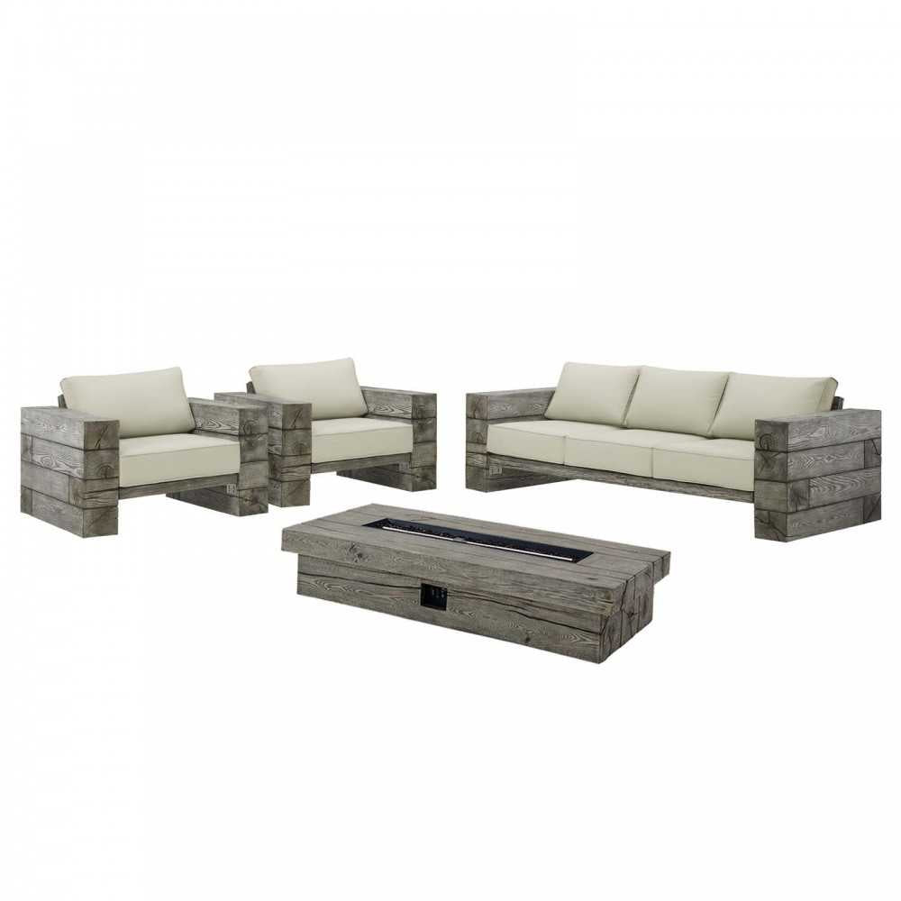 Manteo Rustic Coastal Outdoor Patio Sunbrella 4 Piece Set, Light Gray Beige, EEI-4036-LGR-BEI-SET